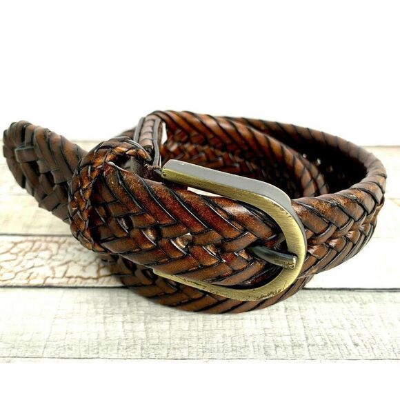 VINTAGE BRAIDED BROWN THICK BUCKLE GENUINE LEATHER CASUAL WOMEN`S BELT Sz L (50M - Picture 2 of 9
